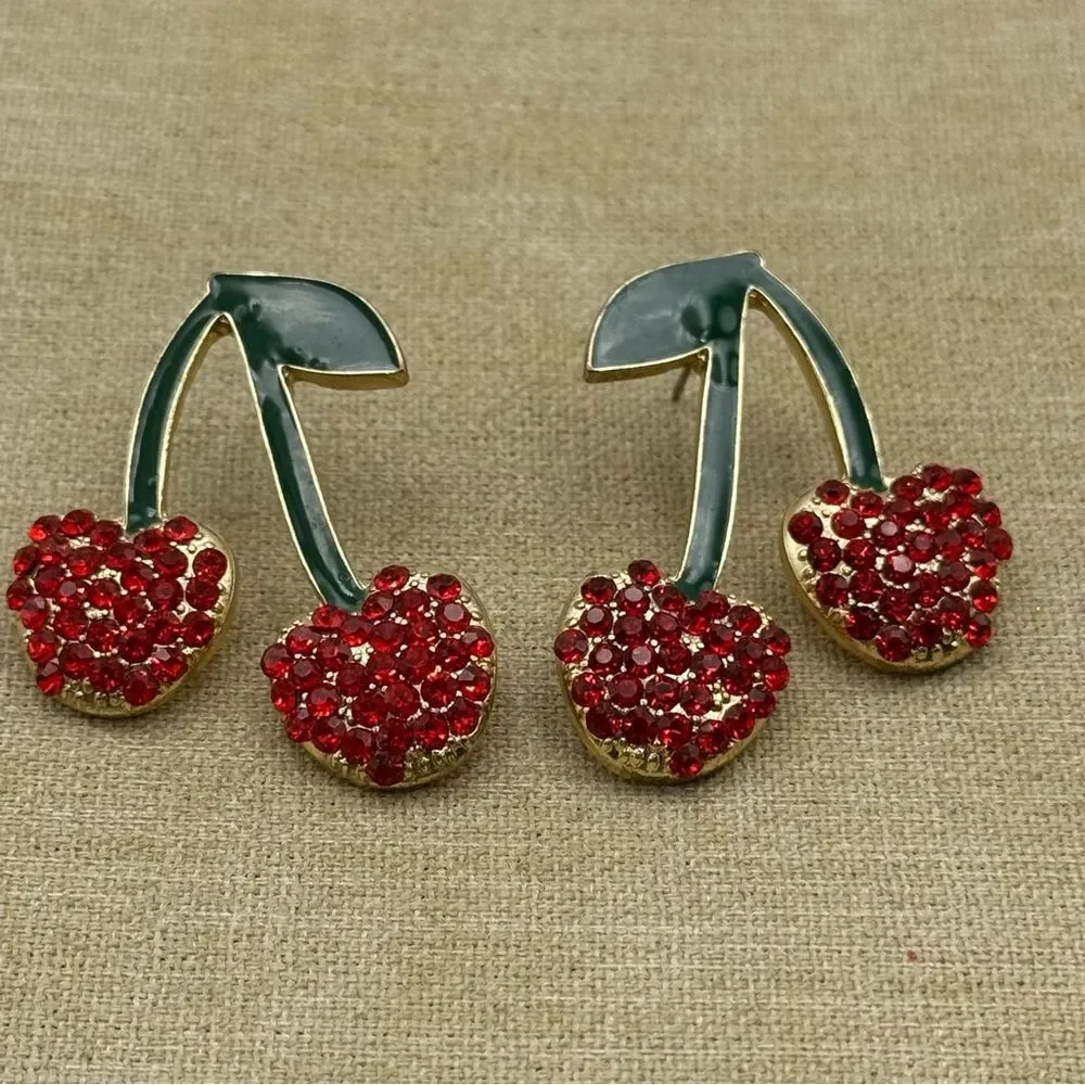 Red Crystal rhinestone Cherry Drop Earrings Women Jewelry